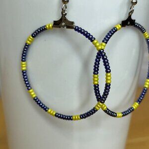 Handmade Beaded Earrings - Metallic Blue Yellow hoops Michigan
